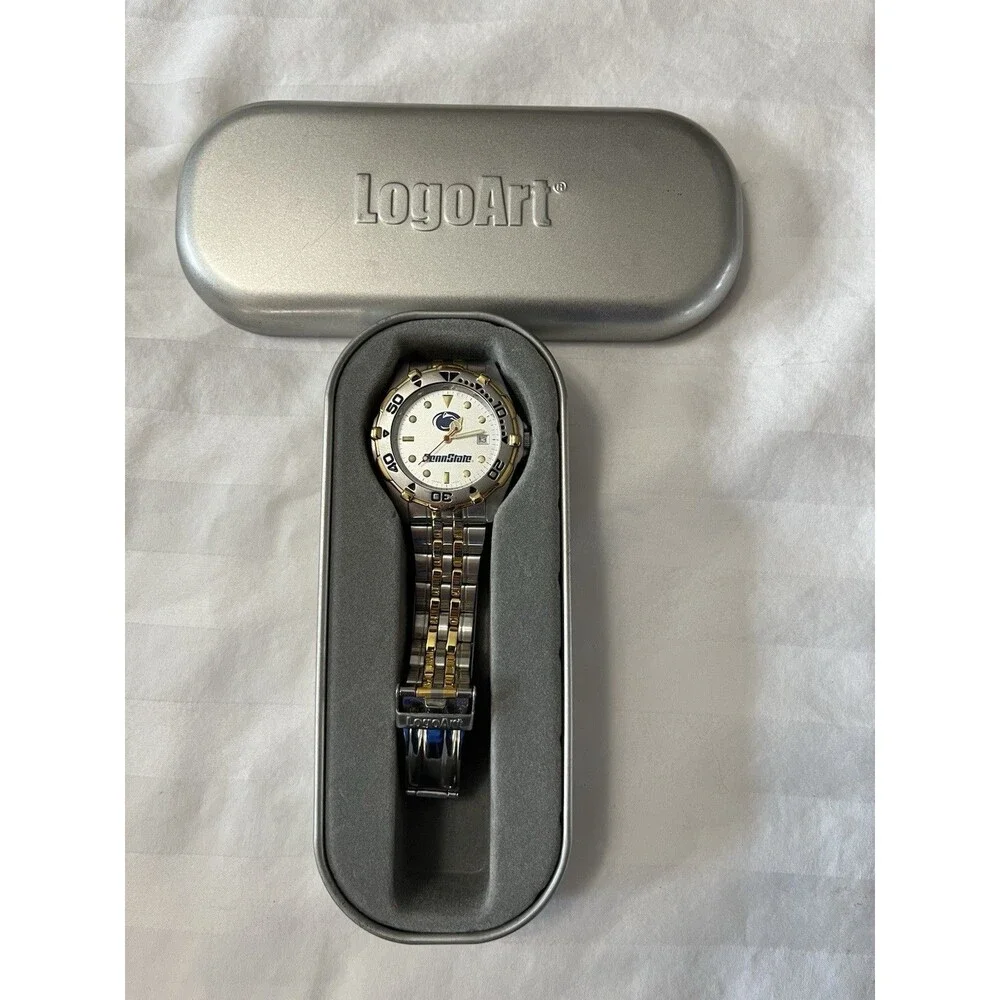 PSU Penn State LogoArt Watch Two-Tone Gold/Silver Rotating Bezel Date With Box